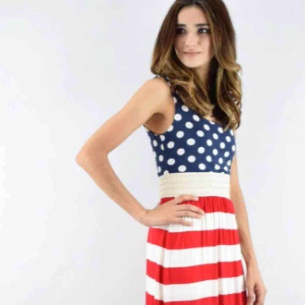 Red, White & Blue Patriotic Sleeveless Maxi Dress | Sz Juniors XL | Womens 10-12